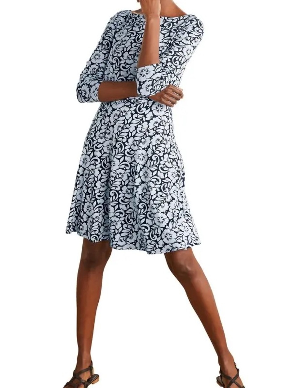 👗 BODEN Nellie Long Sleeve Jersey Dress Size 10 Black Hibiscus Floral Stretch‎